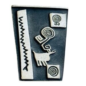 Vtg Alice Seely Signed Urban Fetishes Pewter pin Petroglyph Reindeer Brooch 90s